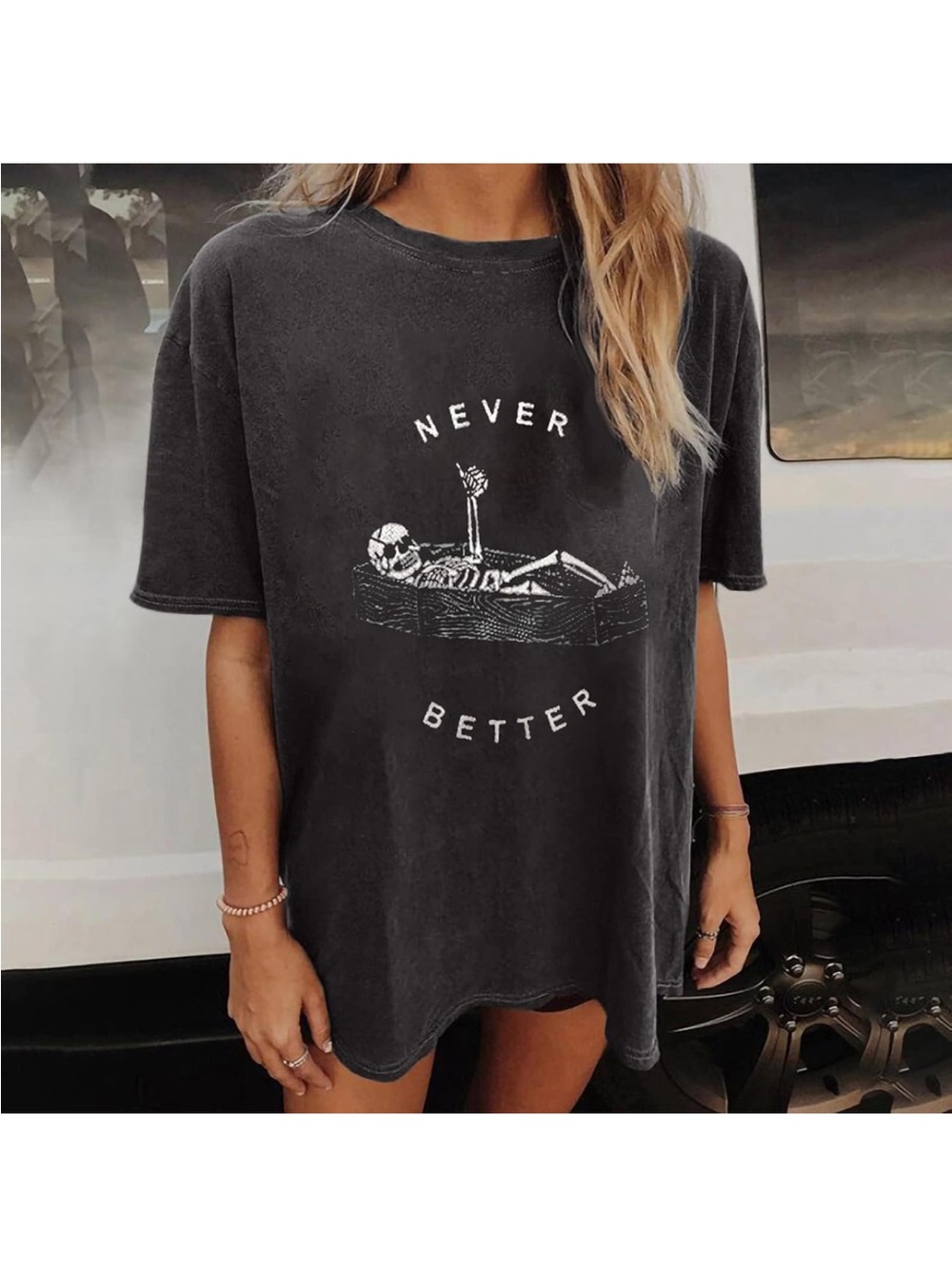 Graphic Tee - Black White Short Sleeve Top Funny Skeleton in Coffin Size Medium